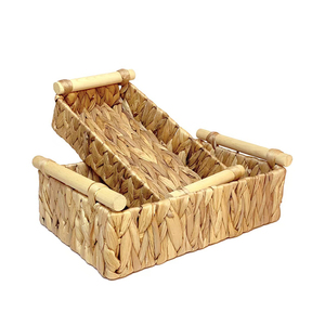 Panier de rangement rectangulaire minimaliste fait main en jacinthe d'eau et paille, plateau de rangement en osier pour la décoration de la maison et de la cuisine - Product Image 1