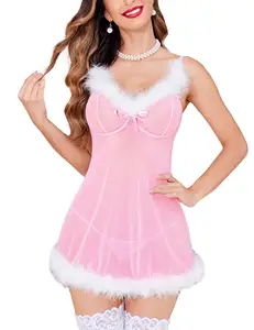 MANNI 레드 크리스마스 섹시한 메쉬 신부 잠옷 긴 소매 장식 레이스 가운 란제리
