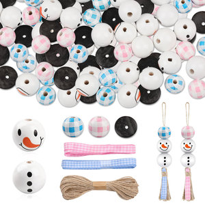 Christmas Wooden <b>Bead</b> <b>Set</b> Blue Pink Checkered Round <b>Beads</b> With Hemp Rope For Necklace Making DIY Craft Decorative Pendant - Product Image 1
