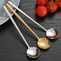 Cuillère à café de luxe en acier inoxydable 304 en forme de fleur, à long manche, finition miroir or/argent, pour desserts, thé, bar et décoration intérieure