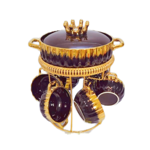 Ollas de cerámica de estilo nórdico con borde dorado de lujo, verde, rosa, Blanco, Negro, olla de sopa de porcelana con cuencos, juego de soporte de estante de almacenamiento - Product Image 3