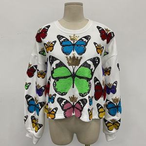 Felpe da Donna Personalizzate con Maniche Lunghe in Ciniglia e Paillettes a Forma di <span class=keywords><strong>Farfalla</strong></span>, Orlo Morbido Tagliato a Ram - Product Image 1