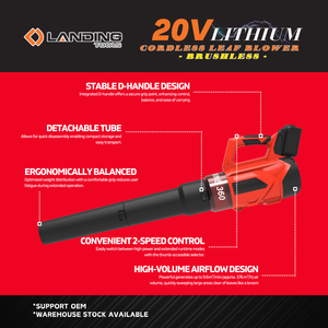 เครื่องเป่าลมใบไม้ไร้สาย 511105 แบบไร้แปรงถ่าน 20V Li-ion 9.6m3/นาที 32กม./ชม. 22500rpm มอเตอร์ไร้แปรงถ่าน ABS แบตเตอรี่ เครื่องกวาดใบไม้ ผู้ผลิต OEM - Product Image 2