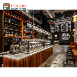 เคาน์เตอร์บริการกาแฟดีไซน์สร้างสรรค์ พร้อมชั้นวางเครื่องปรุงรส ลายไม้โอ๊ค สำหรับร้านกาแฟ - Product Image 1