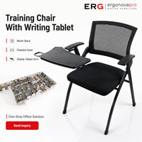 Chaise de formation empilable moderne à dossier en maille avec tablette d'écriture et siège rembourré, idéale pour salles de classe et salles de réunion