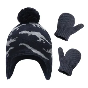 Chàng Trai Cô Gái Bé Mùa Đông Thiết Lập Beanie Găng Tay Thiết Lập Mùa Đông Khủng Long Mô Hình Trẻ Em Jacquard Trung Bình CH 9 Màu Sắc Toddler Hat Găng Tay Bộ