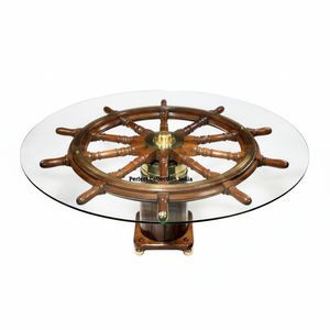 Mesa de Centro/Mesa Auxiliar con Forma de Timón Náutico en Roble Oscuro/Mesa de Comedor con Forma de Timón de Barco Antiguo, Muebles Antiguos - Product Image 1