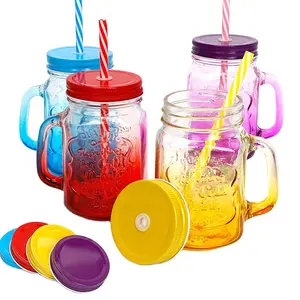 Stocked manufacturer sale custom color 480ml wide mouth glass handle mason jars with handle and straw