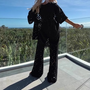 New Women's Lapel Hollow Lace Short Sleeve Top <b>Pants</b> Casual 2 Piece Set Fashion - Product Image 3