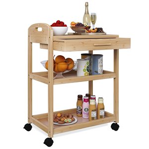 Chariot îlot de cuisine <span class=keywords><strong>sur</strong></span> roues avec tiroir de rangement et étagères, support de service utilitaire roulant à 3 niveaux en bambou avec support solide - Product Image 1