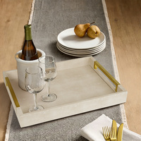 Plateau de service en cuir PU shagreen gris clair avec poignées en métal doré, plateau décoratif pour table basse, ottoman, décoration intérieure
