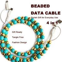 Kabel Pengisi Daya 4 in 1 untuk Mobil dengan Manik-manik Turquoise, Kabel USB C Anti Kusut, Pengisi Daya Ponsel