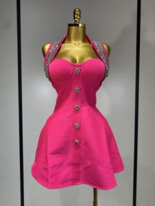 Abito Fasciante di Lusso da <span class=keywords><strong>Donna</strong></span>, Collo all'Americana, Schiena Scoperta, con Perline, Lavorato a Maglia, Lunghezza al Ginocchio, Asciugatura Rapida, <span class=keywords><strong>Sexy</strong></span>, per Club, Serate e Feste - Product Image 1