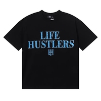 T-shirt unisexe tendance à manches courtes en 100 % coton, col en V, imprimé lettres, bordure contrastante, respirant, idéal pour l'été – Collection Life Hustlers