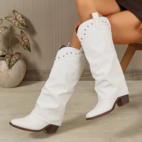 Bottes Western Blanches Mi-Mollet pour Femme, Style Décontracté, Bout Carré, Talon Carré, à Enfiler, avec Rivets Décoratifs, pour Automne Hiver