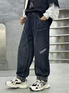 Vaquero suelto de pierna recta informal para niños con bordado "AZZURRO", pretina elástica, múltiples bolsillos, no elástico para todas las estaciones - Product Image 5