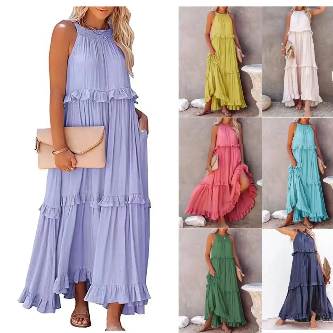 En çok satan ürünler 2024 rahat yaz plaj Sundress kadınlar Halter cepler fırfır uzun Maxi pamuk keten Bohemian elbise