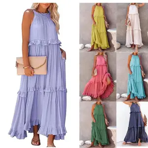 Best Selling Products 2024 Casual Summer Beach Sundress Women Halter Pockets Ruffle Long Maxi Cotton Linen Bohemian Dress