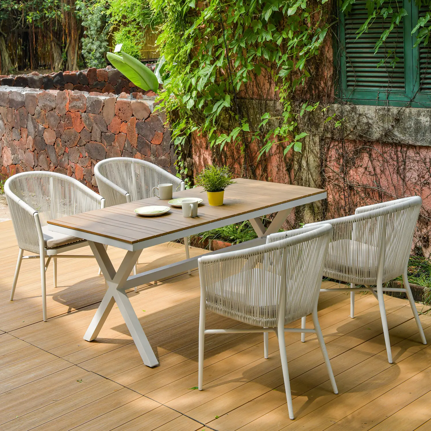 160cm Garten im Freien Esszimmer Aluminium Kunststoff Holz Rechteck langen Tisch setzt Seil Rattan Stuhl