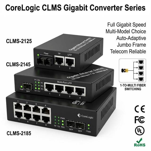 Single Optical to Multi-Ethernet Series of Media Converter Switch, 1000Mbps