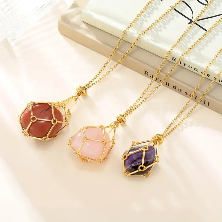 Handmade Gold Plated Natural Crystal Tumbled Stone Cage Pendant Necklace Healing Crystal Macrame Adjustable Length Necklace