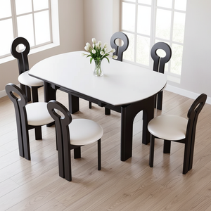 Mesa de Comedor Redonda de Madera Maciza Color Nogal Moderno, Plegable y Ajustable con 6 Sillas, Muebles para Comedor y Hogar - Product Image 5