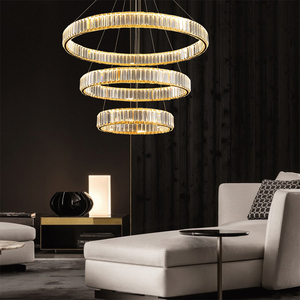 Lustre moderne en cristal à LED pour <span class=keywords><strong>salle</strong></span> à <span class=keywords><strong>manger</strong></span>, luminaires suspendus contemporains à 3 anneaux, réglables, en cuivre, avec télécommande - Product Image 4
