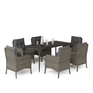 Ensemble de salle à manger de jardin gris 4 places en rotin, mobilier d'extérieur au design contemporain avec accoudoirs - Product Image 1