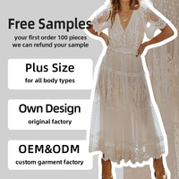 Robe courte trapèze blanche en coton et lin, sur mesure, pour femme, à manches courtes, col en V, en dentelle, mi-mollet, décontractée, d'été, avec motif patchwork, pour le printemps