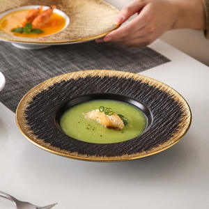 Platos de cena de lujo con luz nórdica, <span class=keywords><strong>vajilla</strong></span> de cerámica con textura de roca con borde dorado, juego de platos de sopa profunda para uso en restaurante doméstico - Product Image 3