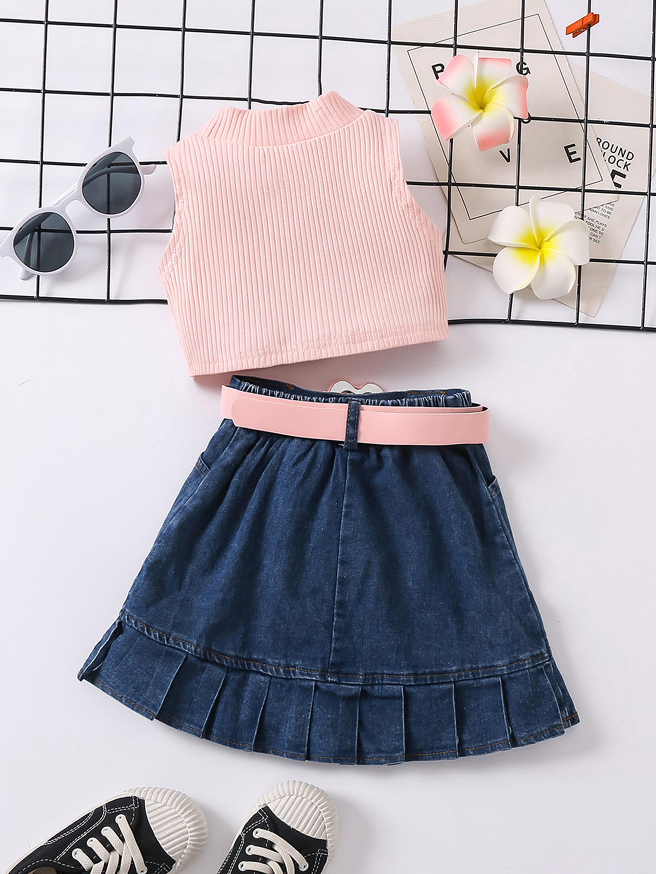 Girls Solid Color Sleeveless Top Denim Pleated Short Skirt Suit