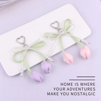 Porte-clés Cœur Tulipe Nœud Papillon Perle, Pendentif Métallique Élégant à Ruban Floral pour Sacs, Accessoires de Mode Ins, Cadeau Romantique