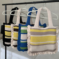 Sac fourre-tout en tricot crocheté à rayures en polyester, léger, sac à bandoulière, grande capacité, pour l'école, les courses, logo personnalisé, couleur, vente en gros