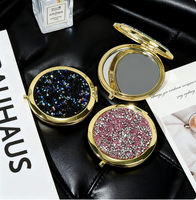 Miroir de poche compact double face rond à paillettes effet poussière de diamant, pliable en métal, portable pour femme