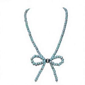 ヴィンテージ風ウェスタンハンドメイド亜鉛合金アンティークシルバーメッキターコイズナバホパールビーズボウペンダントネックレス - Product Image 3