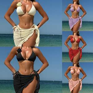 Nouvel ensemble trois pièces 3D Fleur Halter Maillot de bain sexy couleur unie avec jupe en maille pour femme, soutien-gorge push-up, bas taille haute avec logo sur la taille - Product Image 6