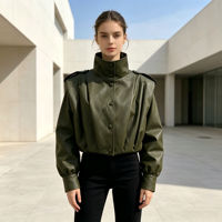 Blouson Moto Femme en Cuir PU à Col Montant, Taille Personnalisée, Logo et Couleur au Choix, Épaulettes, Coupe Courte et Taille Cintrée