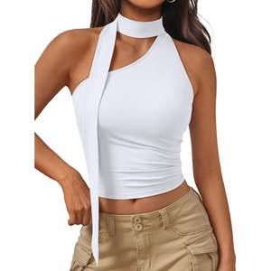2025 Trendy Womens Crop <b>Top</b> Queen Size Cute One Shoulder <b>Halter</b> Skinny Fit Sexy Tie Shirts for Summer Outings Pattern Decorated - Product Image 2