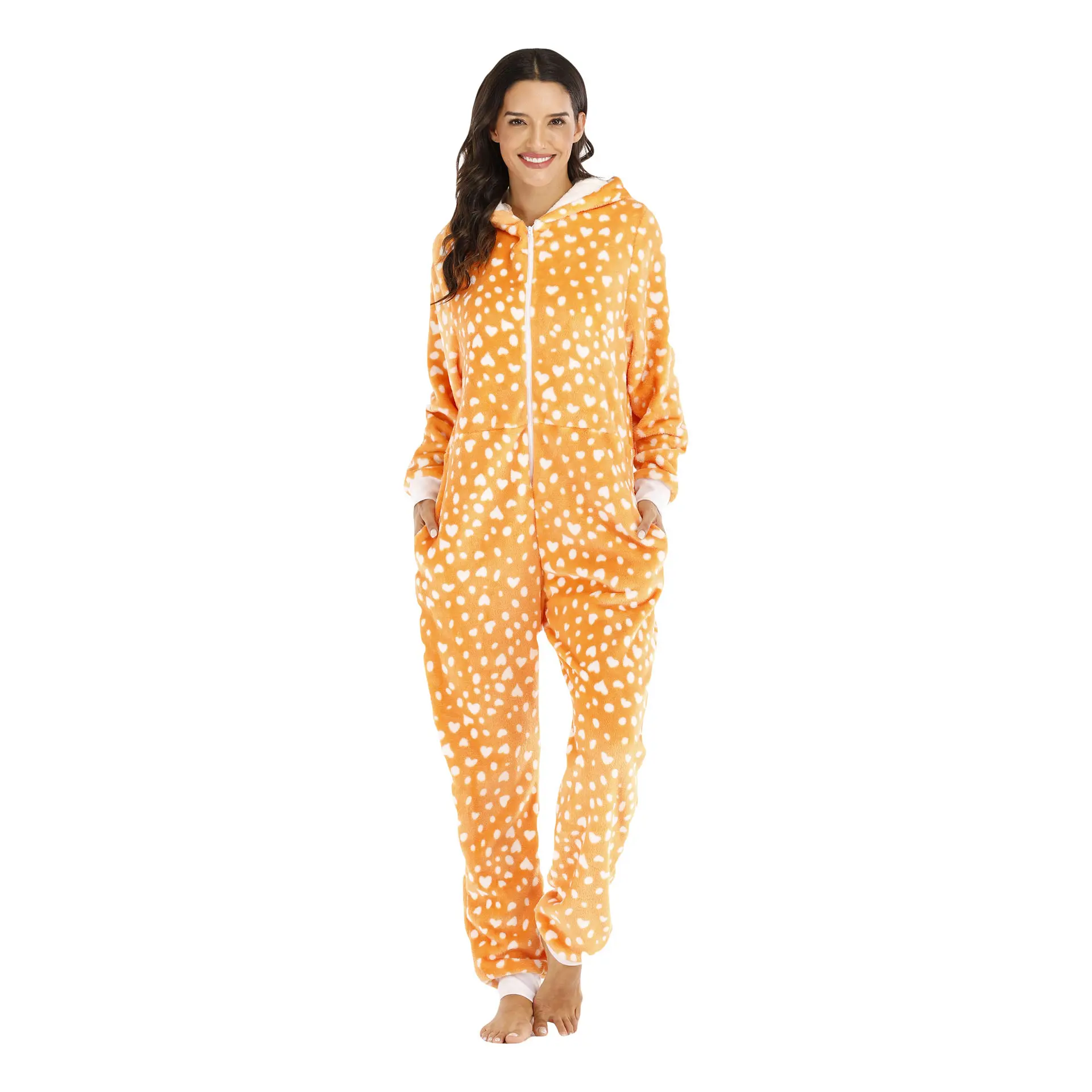 Toptan yumuşak pazen kapşonlu pijama sevimli hayvan Onesie tulum pijama yetişkin kadınlar için ve kız pijama