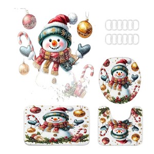 Rideau de Douche Imprimé Numérique Personnalisé en Polyester Motif Bonhomme de Neige et Chapeau de Père Noël Rouge, Imperméable, Vente en Gros, Moderne - Product Image 5