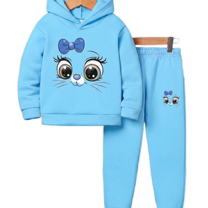 Ensemble survêtement décontracté pour filles, sweat à capuche et pantalon imprimé chat rose de dessin animé, tenue d'automne 100% coton, manches longues, taille élastique - Product Image 3
