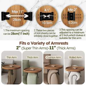 <span class=keywords><strong>Table</strong></span> de canapé en bois d'acacia, plateau de rangement de canapé rond réglable de 11.8 pouces pour le vin, les boissons, les livres et le canapé Trayble pour manger - Product Image 4