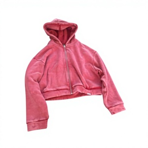 Sweat-shirt court unisexe rose à capuche zippé en molleton décontracté coupe oversize pour l'automne, à manches classiques, couleur unie, tricoté - Product Image 3