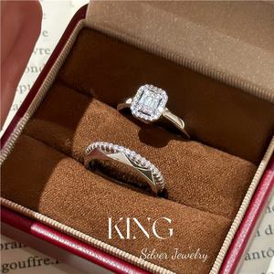 Bague de fiançailles en argent sterling S925 King Silver Jewelry, sertie de diamants carrés, design géométrique tendance pour femme - Product Image 5