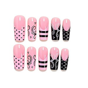 Arte de uñas con lunares franceses en rosa y negro, muy vendido en primavera y verano, arte de uñas con lunares negros y rayas, dulce y moderno. - Product Image 3