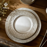 Assiette à dessert et à salade en grès réactif rustique FENN, gaufrée, en porcelaine blanche, pour restaurant, compatible micro-ondes