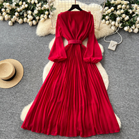 Robe décontractée élégante pour femme, à volants, col en V, manches longues lanternes, plissée, coupe trapèze, avec ceinture, pour le quotidien et les soirées