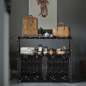 Classic handcrafted black bamboo tea cabinet, tea room cabinet, <b>sideboard</b>, tea set <b>storage</b> and display double-door <b>storage</b> - Product Image 1