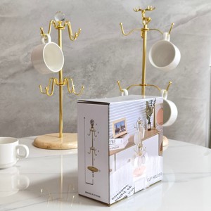 Koffiekophouder met houten basis en metalen haken voor thuis, keuken, bar, opbergruimte en presentatie, capaciteit voor 4 kopjes, modern design - Product Image 2