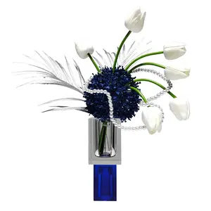 Diseño moderno, tulipanes de flores artificiales, collar de perlas, arreglo, jarrón de cristal azul, decoración de mesa para el Día de la madre, centro de mesa